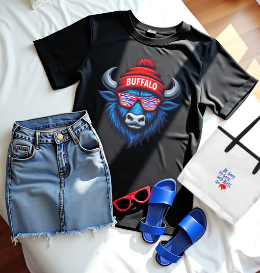 Buffallo football women's game day outfit flat lay with Buffalo mascot t-shirt, jean skirt, sandals, and clear stadium tote bag.