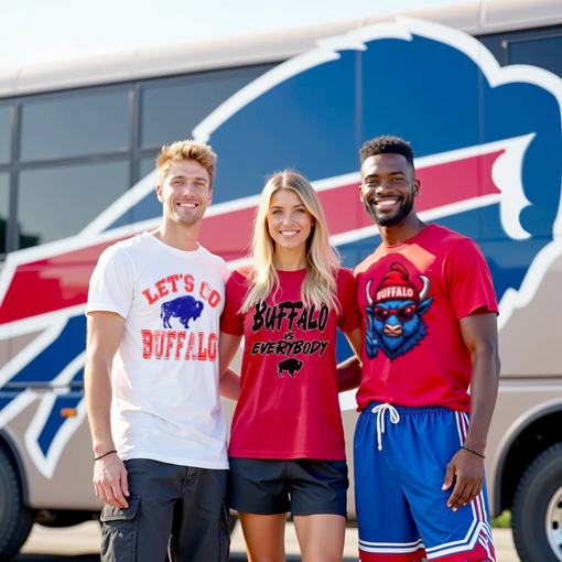 Three friends wearing Buffalo football t-shirts on a hot summer day, standing in the parking lot tailgating in front of a Buffalo themed party bus.