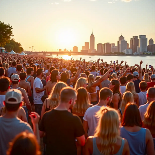 a packed concert in buffalo, new york at the water front  downtown at sunset with huge crowds and fun summer party atmosphere