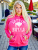 Hot pink Buffalo Bills let's go buffalo football hoodie with distressed white writing and buffalo silhouette pullover for women