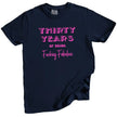 30 Years of Being Fucking Fabulous women’s birthday tee in navy, layered pink text in mixed fonts, fun and cheeky 30th birthday graphic shirt