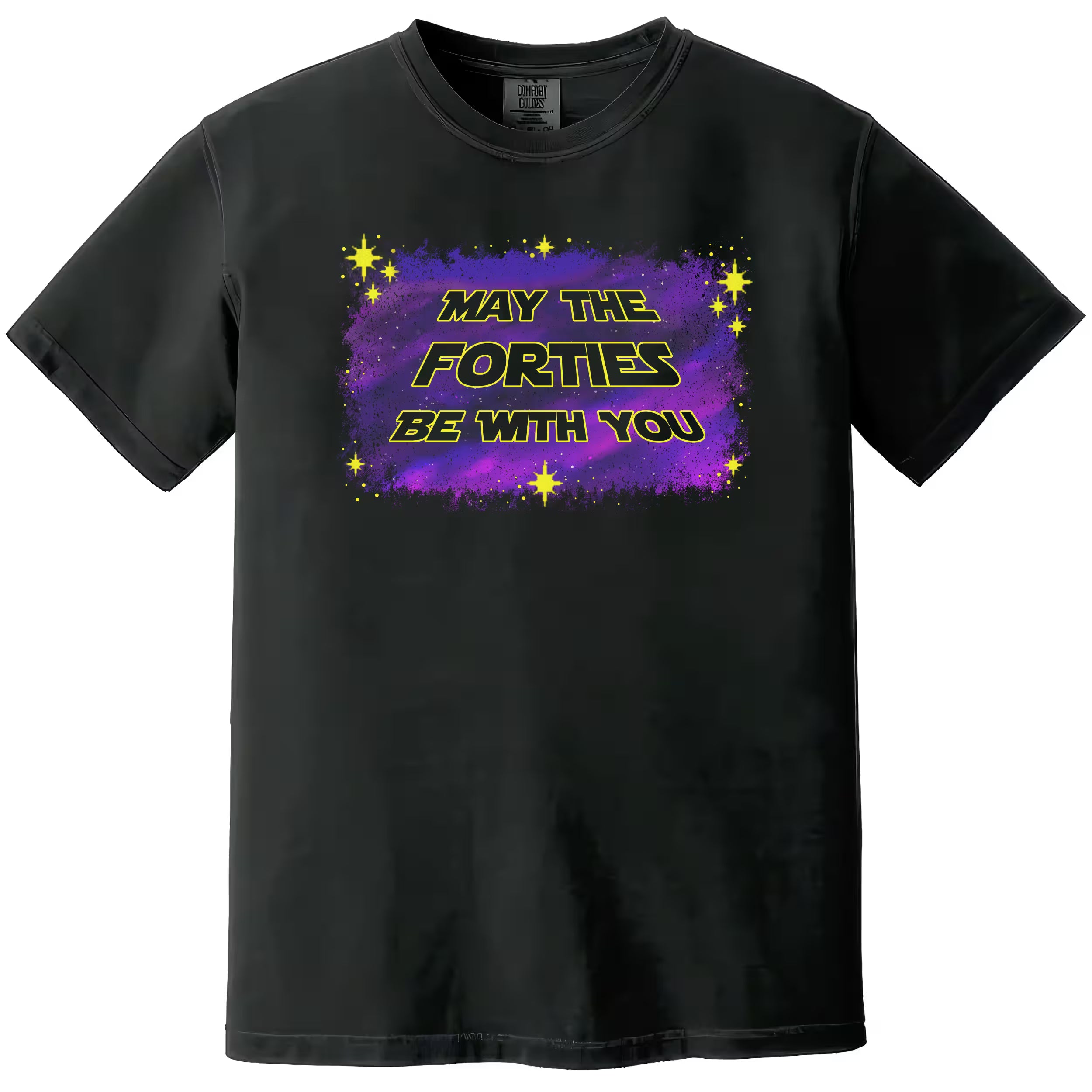 May the Forties Be With You men’s birthday t-shirt in black, with retro yellow text over a cosmic blue and purple galaxy, funny 40th birthday graphic tee for men