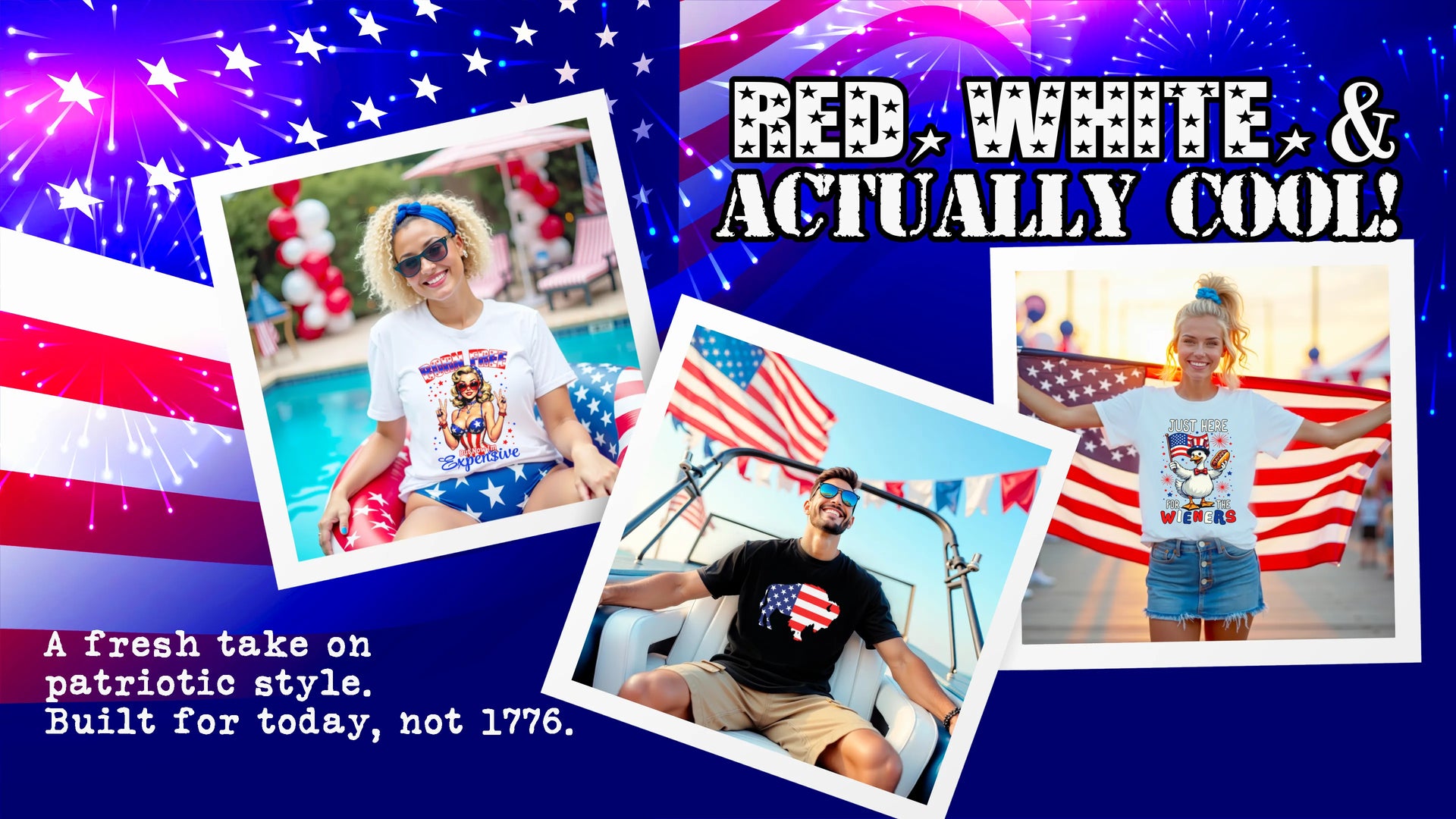 Patriotic July 4th hero banner featuring Polaroid-style photos of people wearing modern patriotic shirts at the pool, on a boat, and at a summer festival with American flag background design.