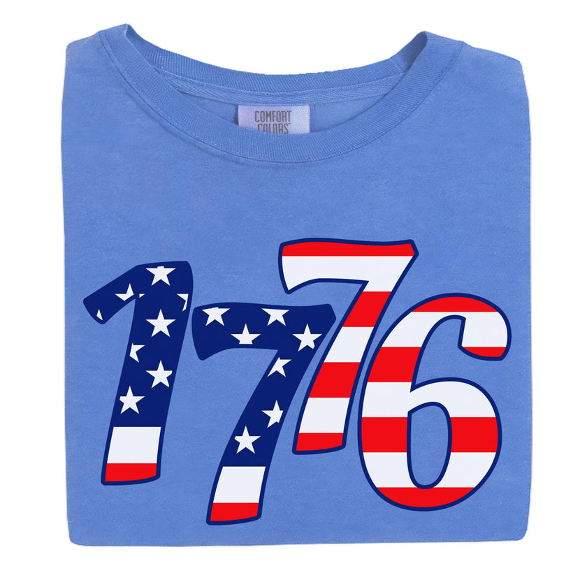 1776 patriotic t-shirt in blue, featuring bold staggered numbers filled with American flag pattern, patriotic July 4th graphic tee for Independence Day.