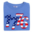 1776 patriotic t-shirt in blue, featuring bold staggered numbers filled with American flag pattern, patriotic July 4th graphic tee for Independence Day.