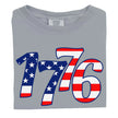 1776 patriotic t-shirt in gray, showing large flag-filled numbers in red white and blue, bold Fourth of July graphic tee for summer celebrations.