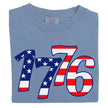 1776 patriotic t-shirt in light blue, large flag-filled numbers design in red white and blue, fun and bold Independence Day graphic tee.