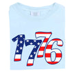 1776 patriotic t-shirt in pastel blue, featuring bold staggered 1776 numbers filled with American flag pattern, soft-tone July 4th patriotic graphic tee