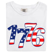 1776 patriotic t-shirt in white, with bold staggered numbers filled with red white and blue flag design, festive Independence Day graphic tee for July 4th.