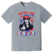Edgy July 4th shirt in gray reading ‘Bitches Love Independence’, Thomas Jefferson wearing sunglasses with patriotic bandana and fireworks design