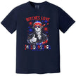 Bitches Love Independence’ patriotic t-shirt in navy, Jefferson graphic with sunglasses, thumbs up, and fireworks, bold Independence Day design