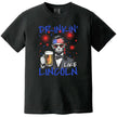 Drinkin Like Lincoln patriotic t-shirt in black, featuring Abraham Lincoln wearing sunglasses and bandana holding a beer mug, funny July 4th graphic tee.
