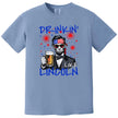 Drinkin Like Lincoln patriotic t-shirt in blue, funny Lincoln drinking graphic with patriotic sunglasses and beer mug, bold July 4th party tee.