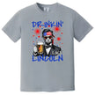 Drinkin Like Lincoln patriotic t-shirt in gray, humorous Lincoln graphic with beer mug and patriotic accessories, July 4th BBQ and party shirt.