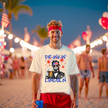 Male model wearing white ‘Drinkin Like Lincoln’ t-shirt on the beach, Abraham Lincoln with sunglasses and beer graphic, relaxed summer July 4th party vibe.