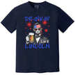 Drinkin Like Lincoln patriotic t-shirt in navy, bold Lincoln drinking graphic with sunglasses and bandana, funny Fourth of July beer tee.