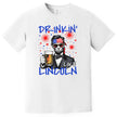 Drinkin Like Lincoln patriotic t-shirt in white, Abraham Lincoln graphic with sunglasses, bandana, and beer, humorous Independence Day shirt for summer parties