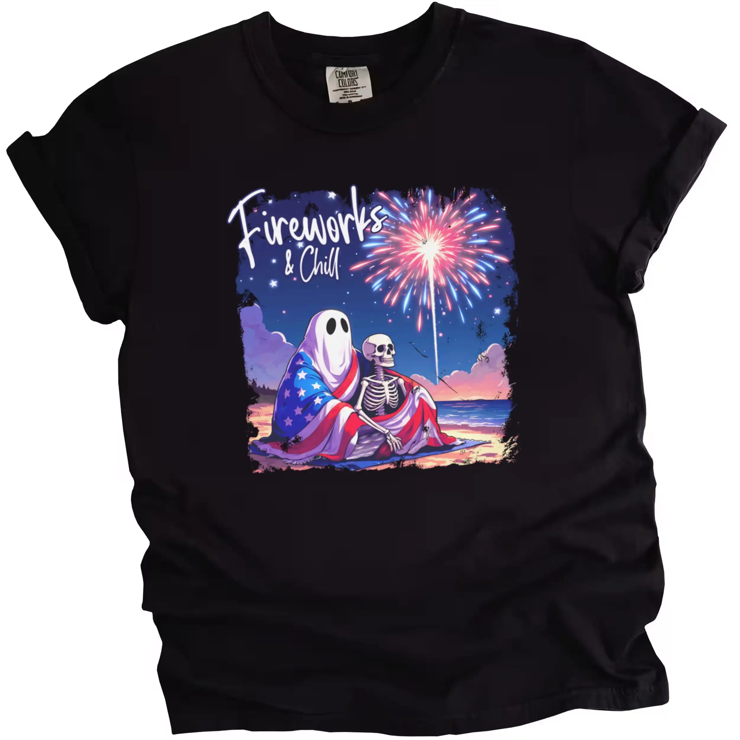 Fireworks and Chill patriotic t-shirt in black, cute ghost and skeleton couple cuddling under American flag blanket watching fireworks on beach, July 4th graphic tee