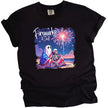 Fireworks and Chill patriotic t-shirt in black, cute ghost and skeleton couple cuddling under American flag blanket watching fireworks on beach, July 4th graphic tee