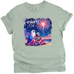 Fireworks and Chill patriotic t-shirt in green, cute spooky couple under American flag blanket watching fireworks, relaxed July 4th beach night graphic tee.
