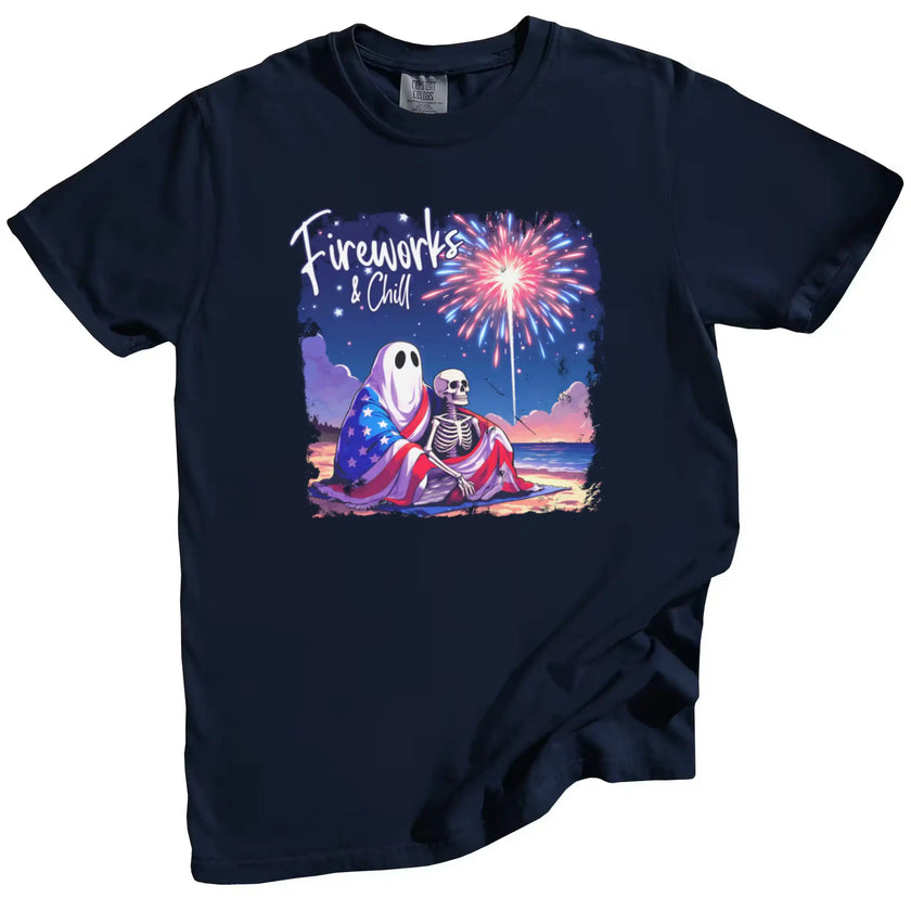 Fireworks and Chill patriotic t-shirt in navy, ghost and skeleton couple cuddling under flag blanket with fireworks in sky, cozy patriotic summer tee