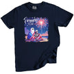 Fireworks and Chill patriotic t-shirt in navy, ghost and skeleton couple cuddling under flag blanket with fireworks in sky, cozy patriotic summer tee