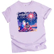 Fireworks and Chill patriotic t-shirt in purple, ghost and skeleton couple under flag blanket watching fireworks at night, cozy and cute July 4th graphic tee.