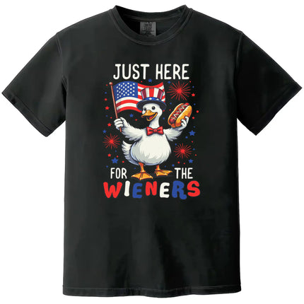 'Just Here for the Wieners’ July 4th t-shirt in black, cute goose with American flag and hot dog, humorous BBQ graphic tee.