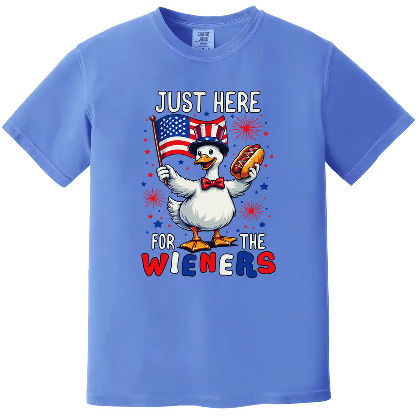Cute ‘Just Here for the Wieners’ t-shirt in blue, goose holding American flag and hot dog, funny July 4th BBQ graphic tee
