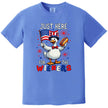 Cute ‘Just Here for the Wieners’ t-shirt in blue, goose holding American flag and hot dog, funny July 4th BBQ graphic tee