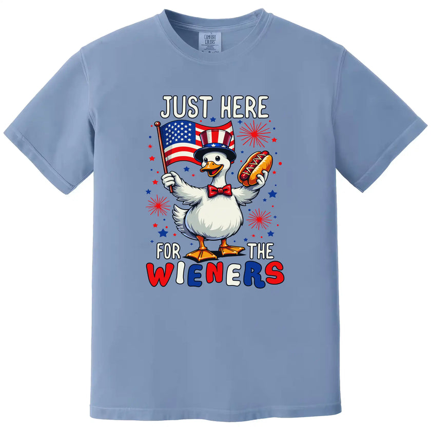 Cute goose graphic tee in light blue, American flag and hot dog design with ‘Just Here for the Wieners’ text, fun July 4th shirt
