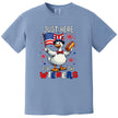 Cute goose graphic tee in light blue, American flag and hot dog design with ‘Just Here for the Wieners’ text, fun July 4th shirt