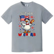 Funny Independence Day t-shirt in light gray, goose holding flag and hot dog, ‘Just Here for the Wieners’ BBQ graphic tee.