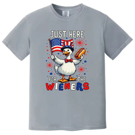 Funny Independence Day t-shirt in light gray, goose holding flag and hot dog, ‘Just Here for the Wieners’ BBQ graphic tee.