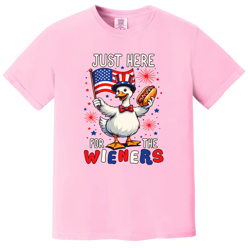 Cute July 4th t-shirt in pink, goose holding American flag and hot dog, ‘Just Here for the Wieners’ funny BBQ graphic tee.
