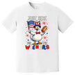 Funny goose patriotic t-shirt in white, holding flag and hot dog with ‘Just Here for the Wieners’ text, cute Independence Day shirt.