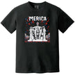 Funny patriotic ‘Merica t-shirt in black, featuring Abraham Lincoln in seated pose with flag sunglasses and fireworks in the background, July 4th graphic tee.