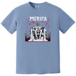 Patriotic Abraham Lincoln ‘Merica shirt in blue, bold fireworks design with Lincoln wearing flag sunglasses, funny Independence Day graphic tee.