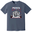 Patriotic ‘Merica t-shirt in dark blue, Abraham Lincoln with flag sunglasses and fireworks background, casual July 4th graphic tee.