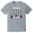 Funny Independence Day shirt in gray, featuring Lincoln in seated pose with flag sunglasses and fireworks, bold ‘Merica graphic tee.