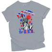 Funny Statue of Liberty graphic tee in gray, holding red cup with fireworks and sparkles in sky, patriotic July 4th party shirt.