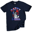 Patriotic ‘Party in the USA’ t-shirt in navy, Statue of Liberty holding drink cup, flag sunglasses, fireworks background July 4th shirt.