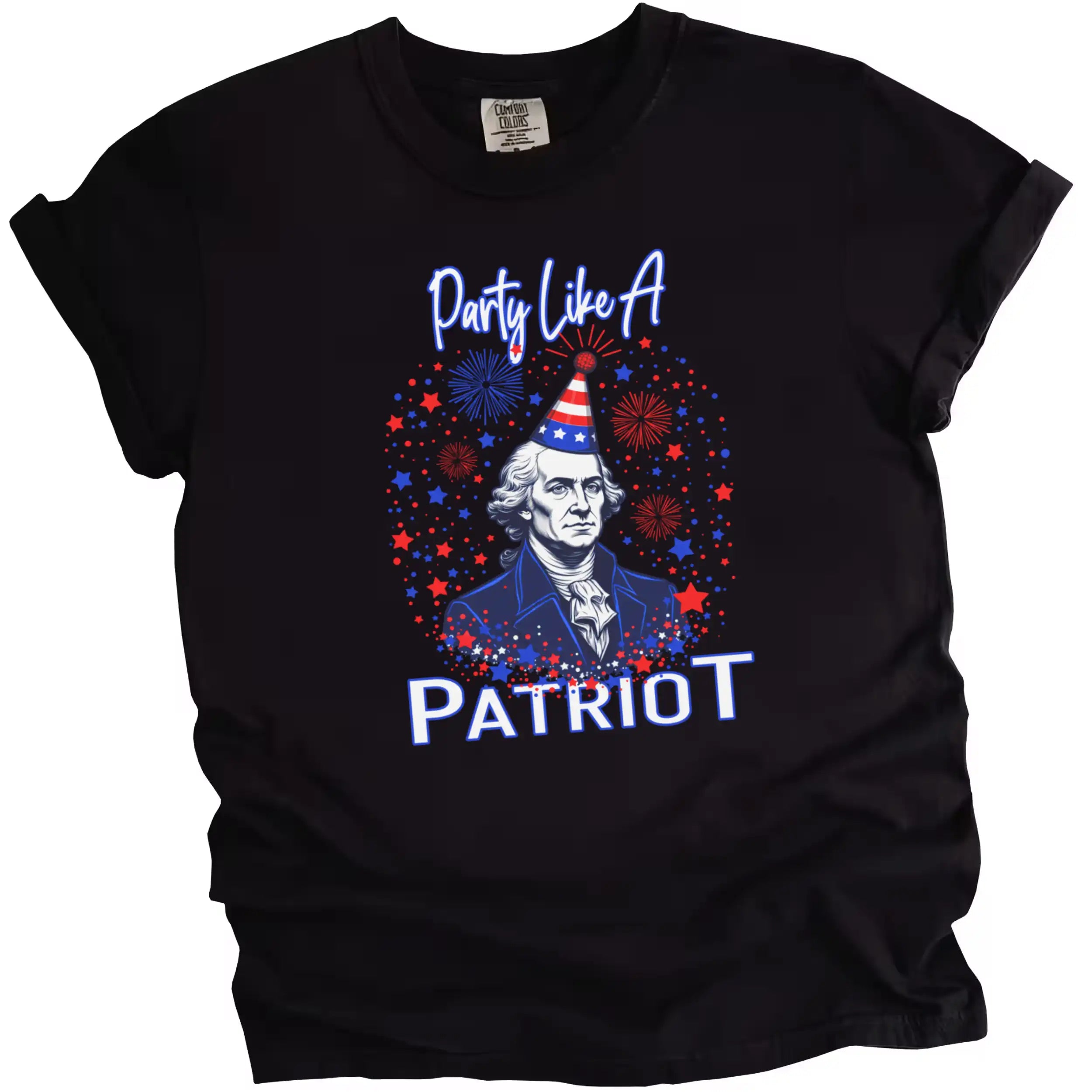 ‘Party Like a Patriot’ graphic tee in black, George Washington bust wearing party hat with fireworks design, bold July 4th party shirt.