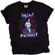 ‘Party Like a Patriot’ graphic tee in black, George Washington bust wearing party hat with fireworks design, bold July 4th party shirt.