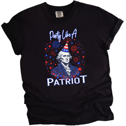 ‘Party Like a Patriot’ graphic tee in black, George Washington bust wearing party hat with fireworks design, bold July 4th party shirt.