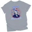 Patriotic graphic tee in gray, George Washington bust wearing party hat with fireworks and sparkles, funny Independence Day shirt.