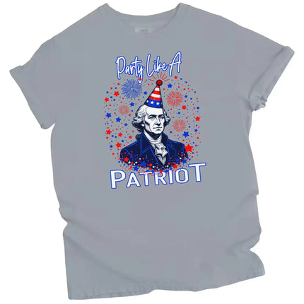 Patriotic graphic tee in gray, George Washington bust wearing party hat with fireworks and sparkles, funny Independence Day shirt.