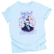 Funny 4th of July t-shirt in light blue, Washington bust with patriotic party hat and fireworks, ‘Party Like a Patriot’ design.