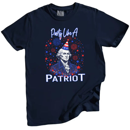 Patriotic George Washington t-shirt in navy, party hat bust design with fireworks and sparkles, funny Independence Day shirt.