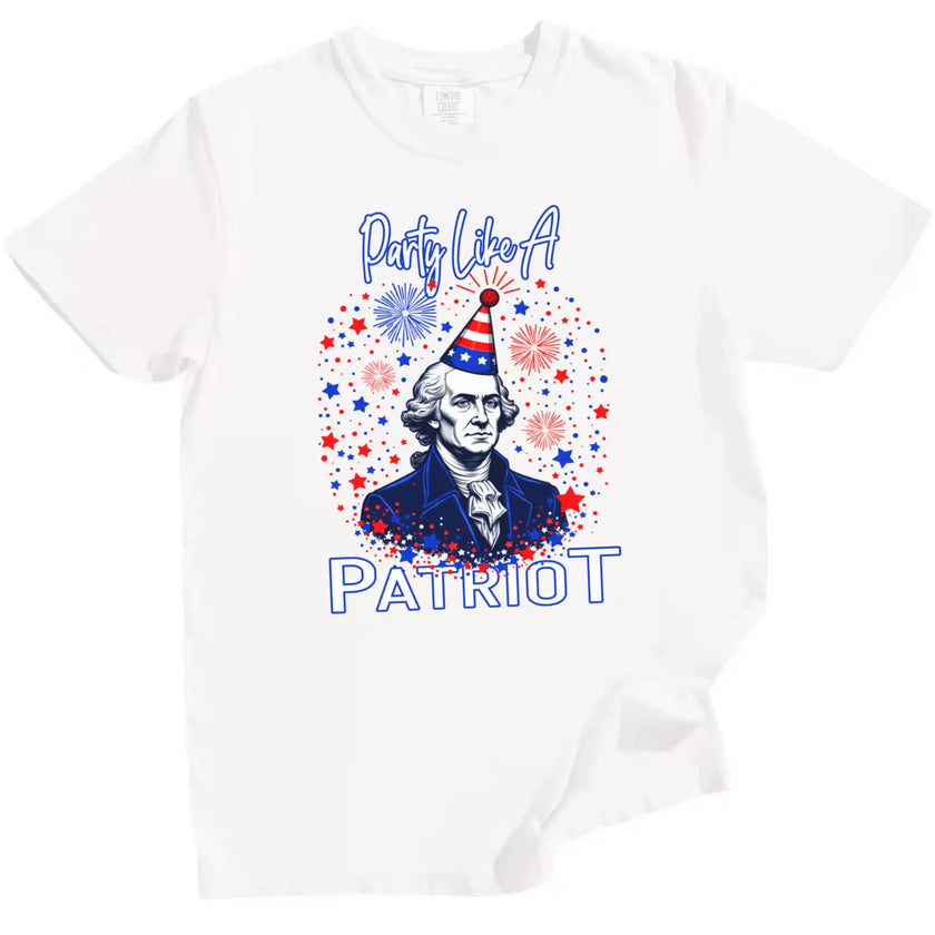 George Washington ‘Party Like a Patriot’ shirt in white, bust with party hat, fireworks and sparkles background, patriotic Independence Day tee.